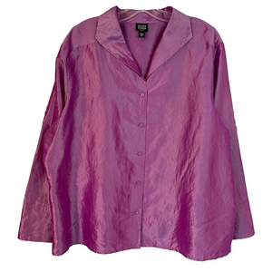 Eileen Fisher Crinkle Textured 100% Silk Button Pink Shiny Blouse Top Tunic 2X